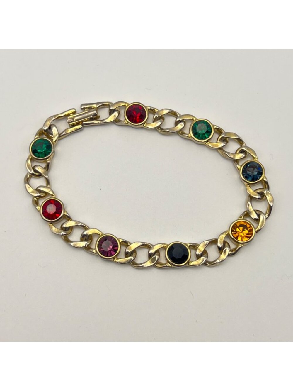 Jewel Tone Bracelet Multicolor Rhinestone Bezel Signed USA 7.5" Classic Stack